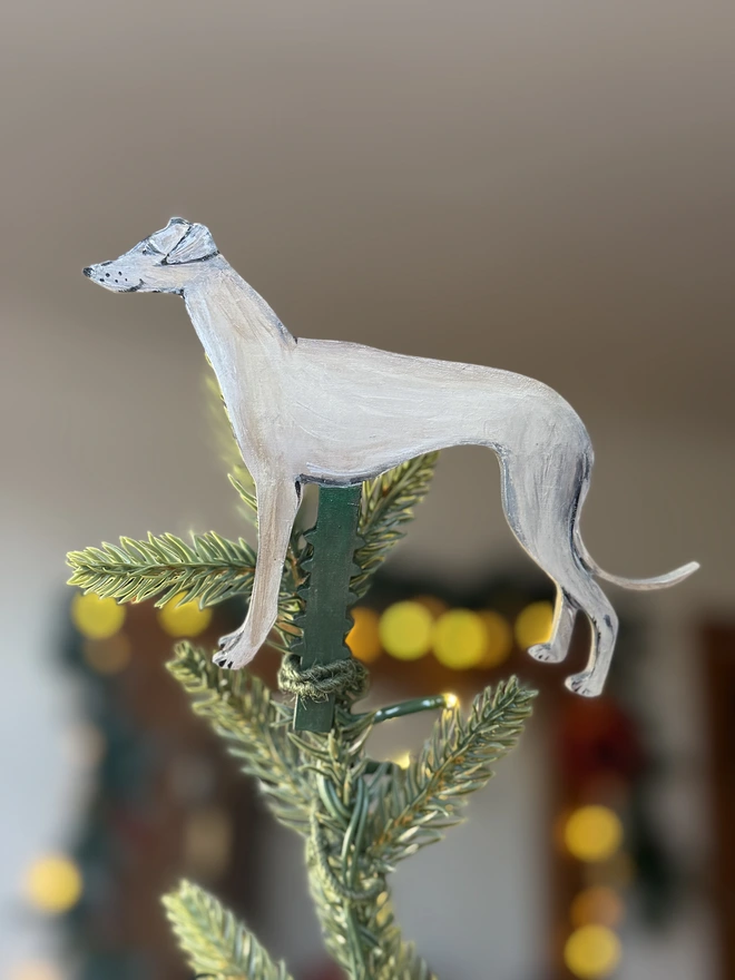 Whippet Dog  Tree Topper Wooden Hand-Painted at the top of a Christmas Tree