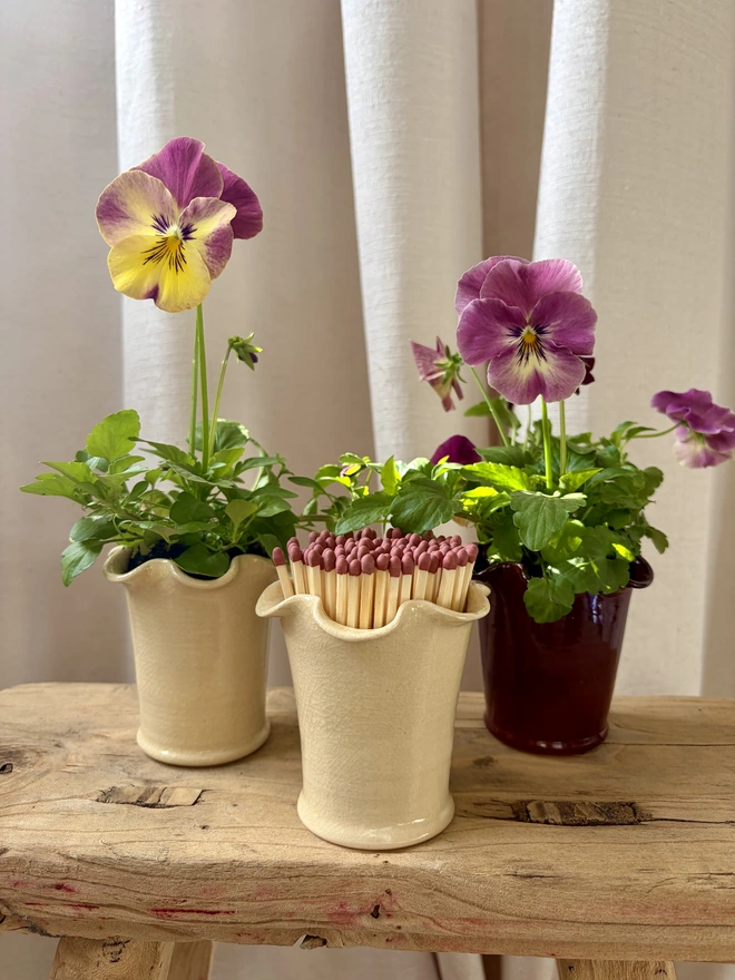 Frilly match stick pots with matches and used as mini plant pots with pansies