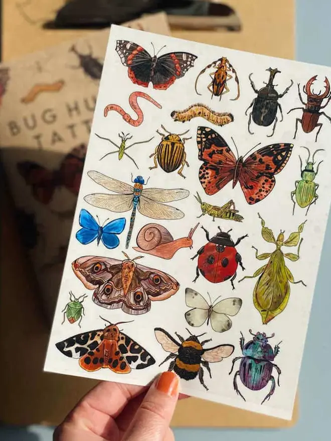 Animal Temporary Tattoos, a "Bug Hunter" booklet sits next to a sheet of colourful ocean animal temporary tattoos.