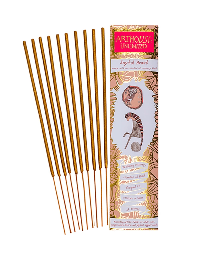 pack of 10 joyful heart well being charity incense sticks with peach & gold illustrations