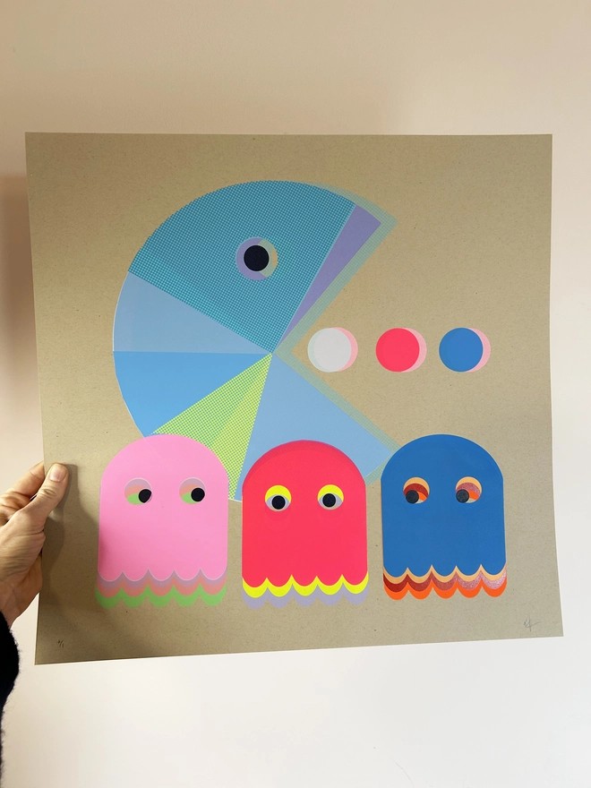 Colourful Screen Print by Hannah Carvell, Retro Arcade Game Monsters
