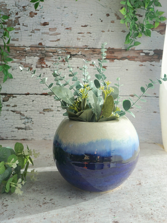 ceramic round large vase, lulworth cove vase, large ceramic vase, large pottery vase, Jenny Hopps Pottery, blue round vase