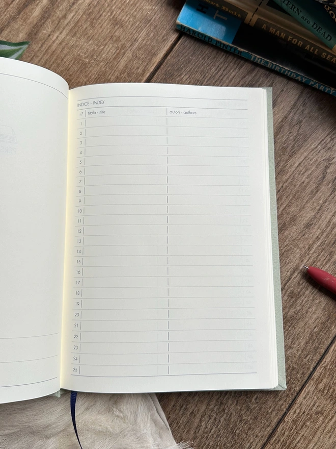 A reding journal lies open and you can see the first page which asks you to list all the books you've read.