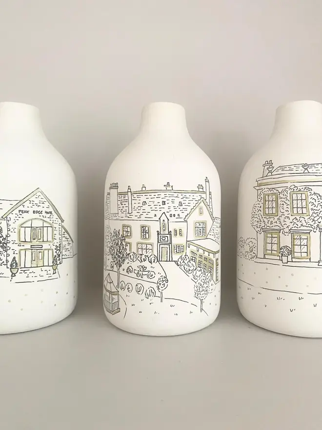 Three ustom Wedding Venue Hand Drawn Vases side by side 