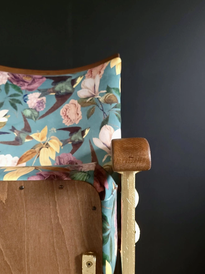 Close up of Swallos and Blooms vintage cinema seat