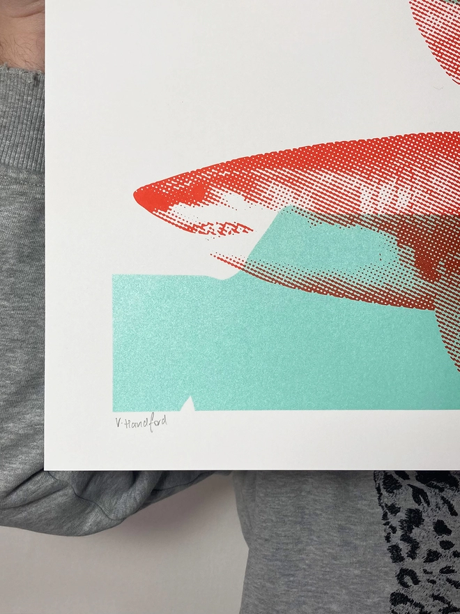Shark Tank (Turquoise And Red) - Screen Printed Shark Poster - hand signed