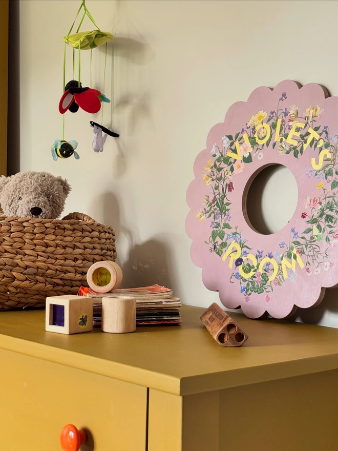 Customisable Floral Wooden Door Wreath Name Plaque