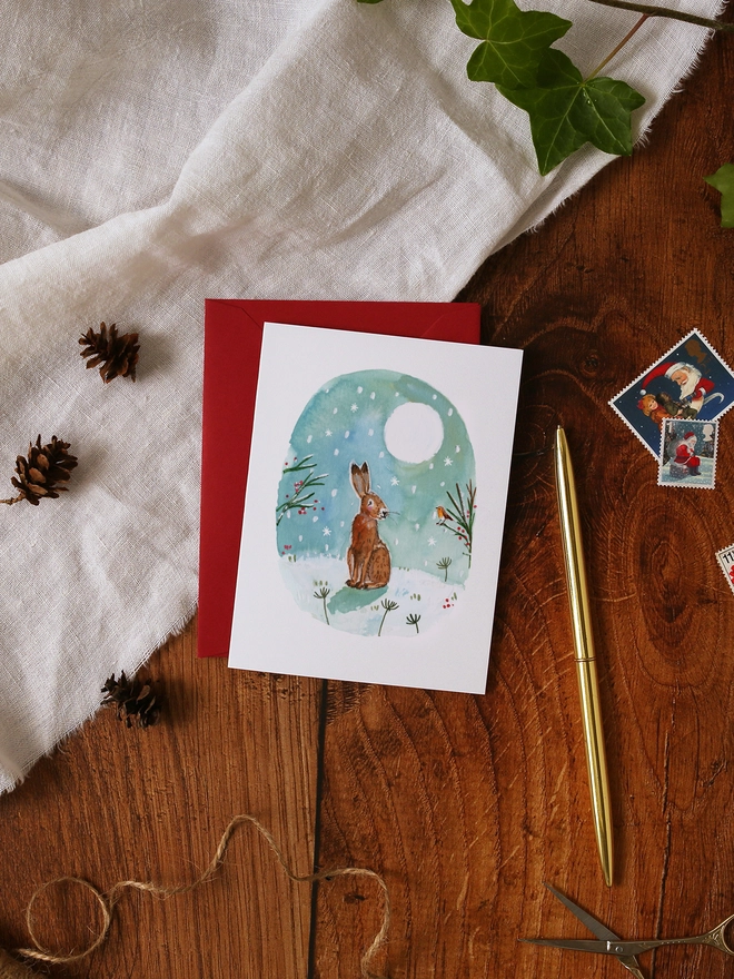 Hare and Robin in Moonlight Mini Christmas Card