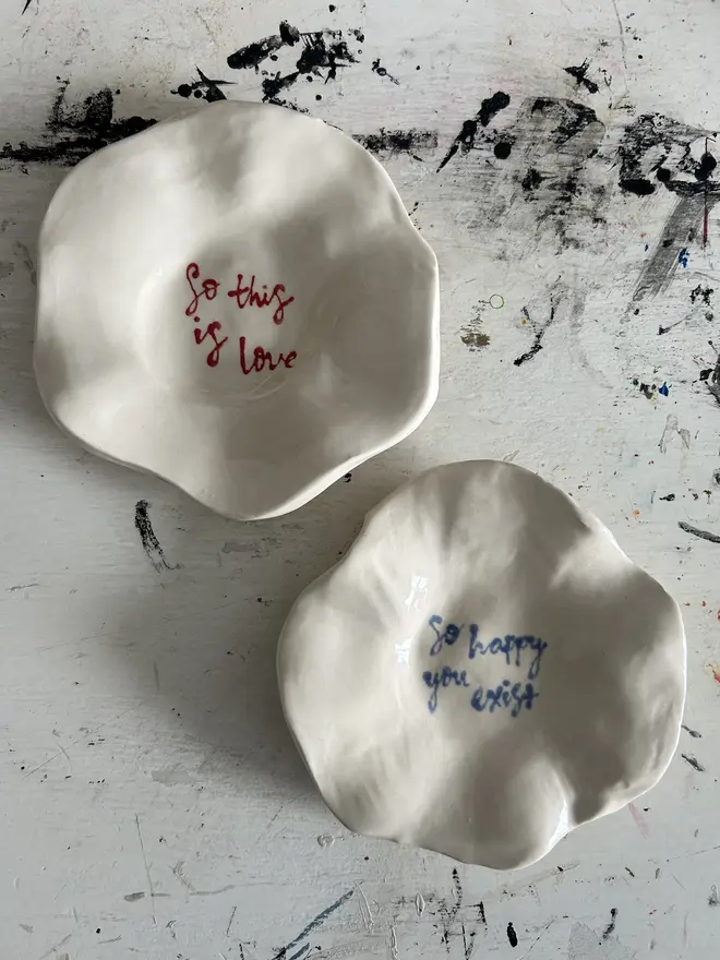 So this is love & So happy you exist mini ceramic plates - Lucy Deaner