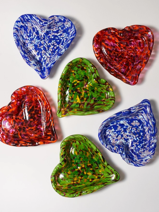 Murano glass heart shaped trinket dish in three colours