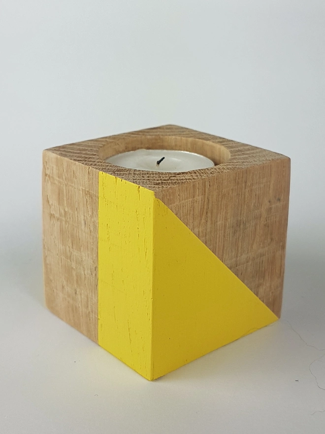 Yellow wooden tealight holder