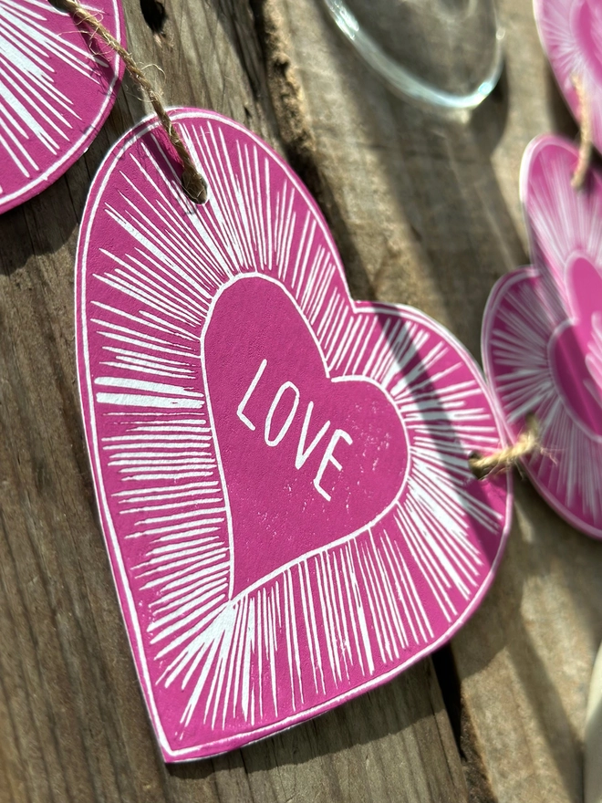 Heart Garland With Love Text Linocut Hanging Decoration