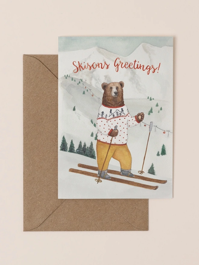 skiing bear christmas card