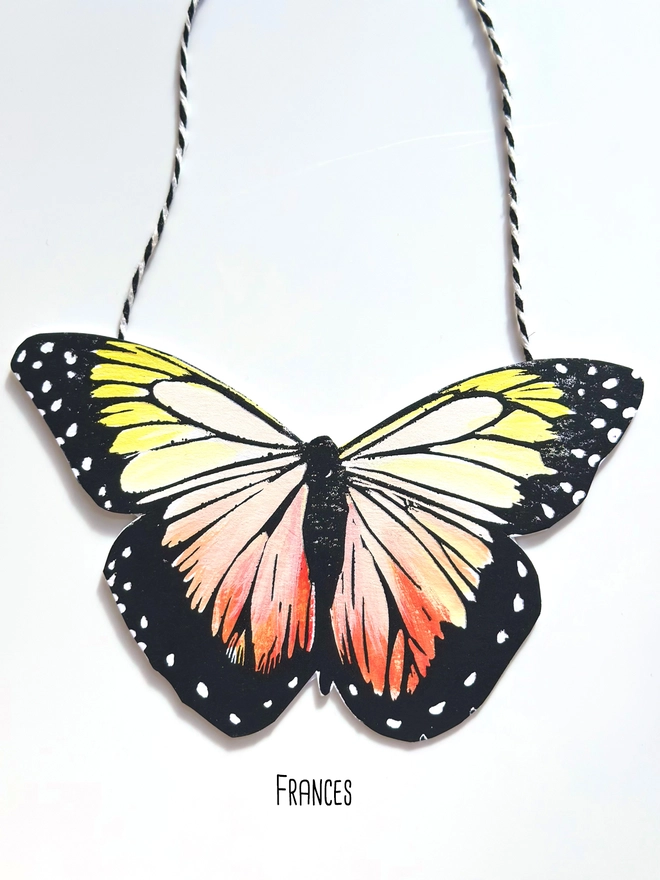 Hand Painted Butterfly Colourful Linocut Hanging Decoration In Orange yellow Peach and black