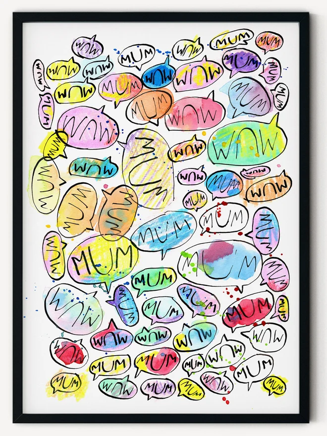 Giclee print of an original drawing of lots of speech bubbles shouting "Mum"