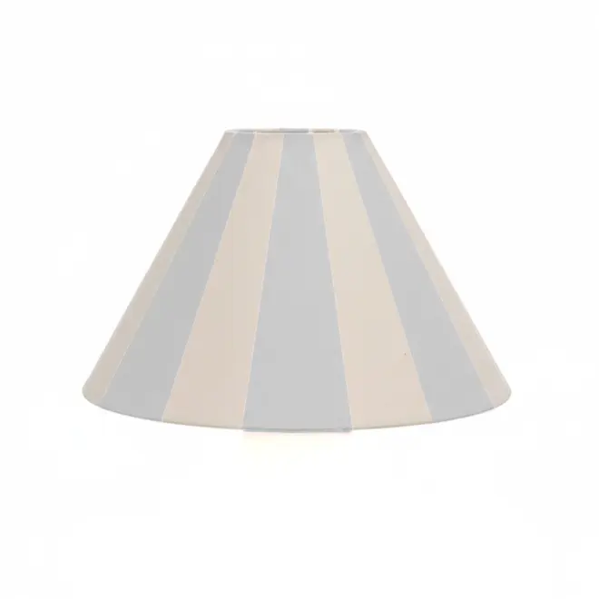 Hand Painted Upcycled Striped Large Drum Lampshade, a metallic silver striped lampshade sitting against a white background. 