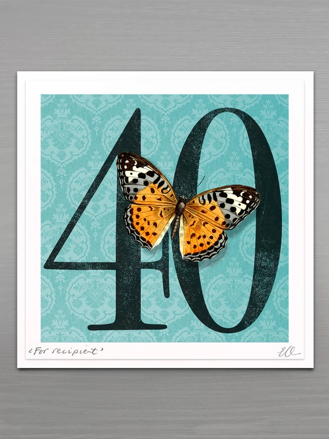 40th birthday butterflygram card with hand cut paper butterfly, personalised and signed