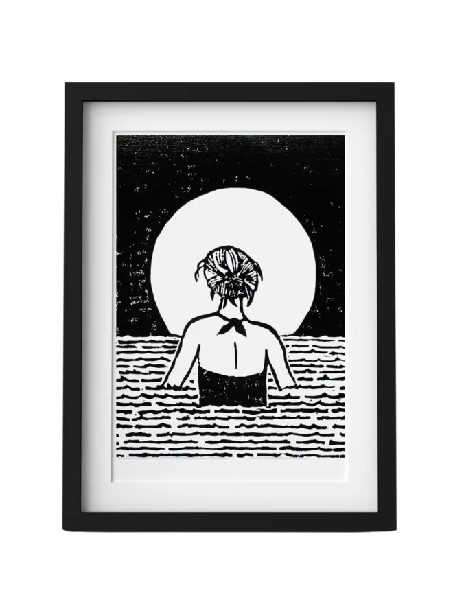 full moon swim woman framed linocut print