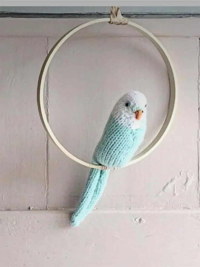 Colourful Hand Knitted Budgerigar, a blue colourful birds sitting in a wooden ring against a white backdrop. 