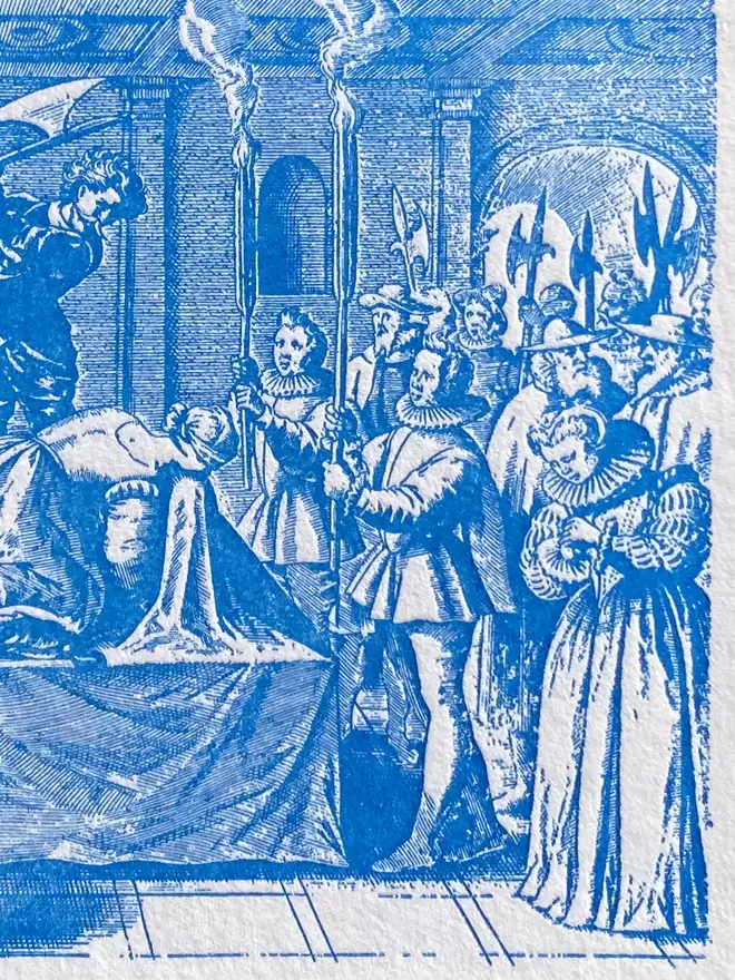 Close up of a white card of a blue illustration depicting Mary Queen of Scots' execution