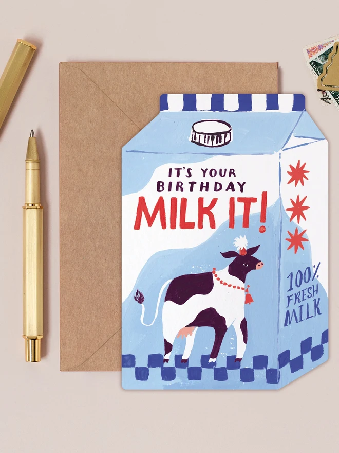 Milk It Birthday Card by Sister Paper Co with a kraft envelope