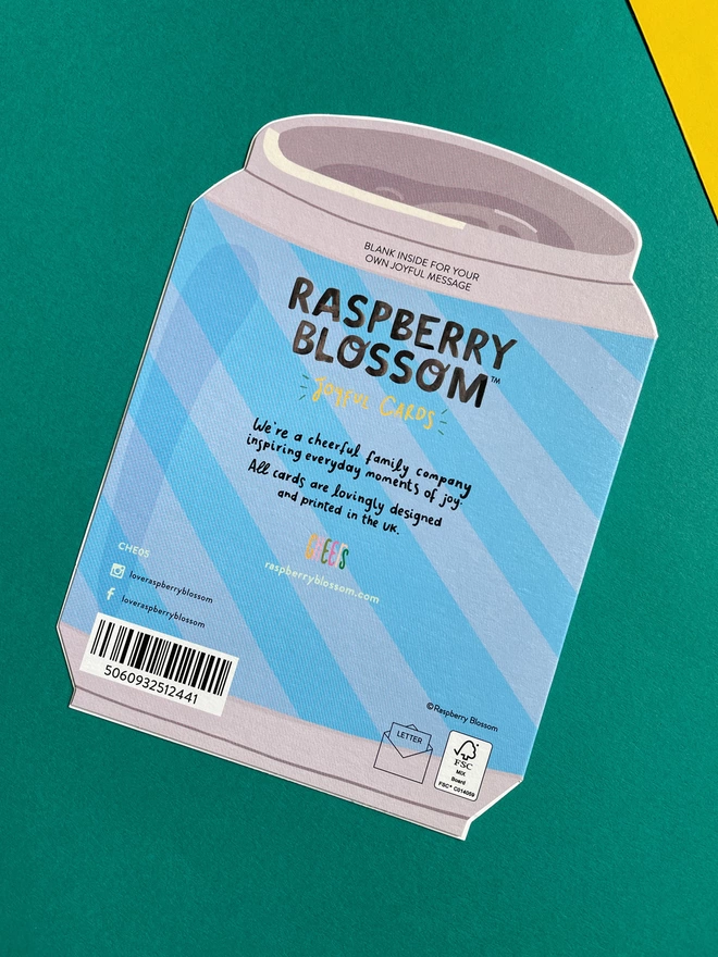 The reverse of the die cut beer can shaped birthday card has a small blurb about Raspberry Blossom, a cheerful family company inspiring everyday moments of joy