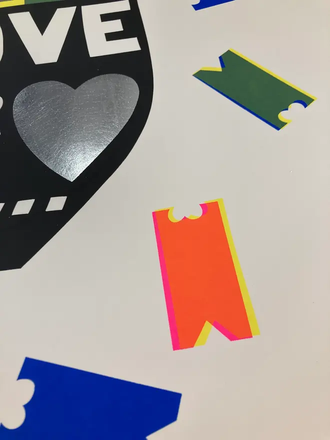 'All Aboard' Screenprint, a colourful screenprint. The screenprint reads 'All aboard, free love for all'. 