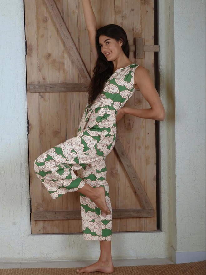 Organic Cotton & Linen Green Clouds Culotte Jumpsuit