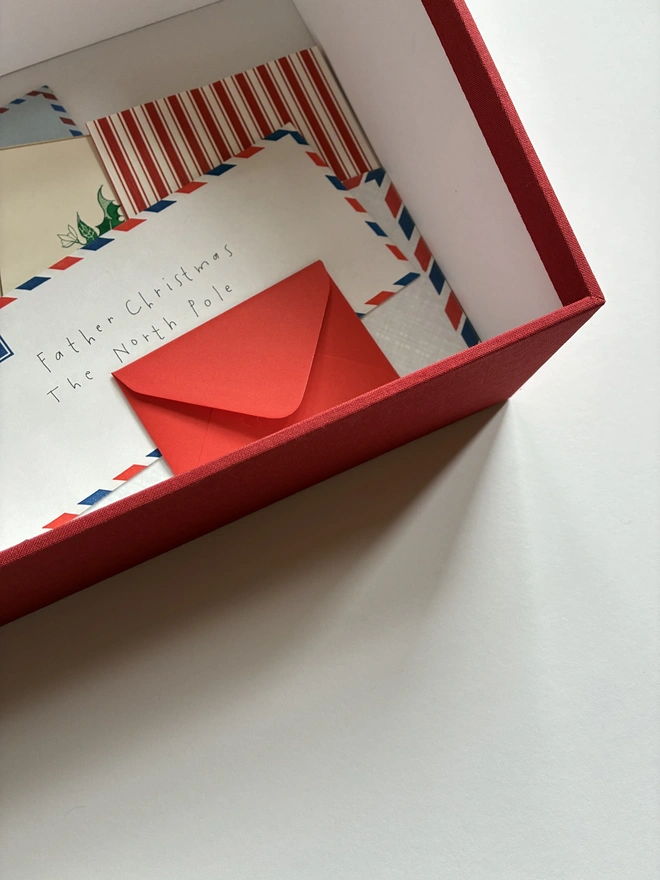 Open handmade Christmas postbox in traditional Pillar Box red cloth 