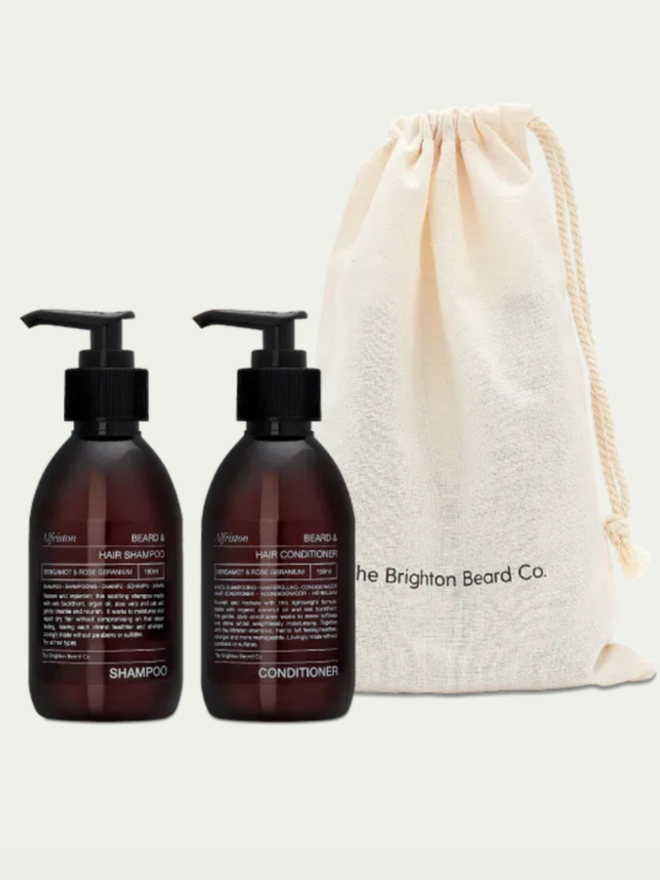Alfriston Beard and Hair Duo. Two brown bottles with a bag.