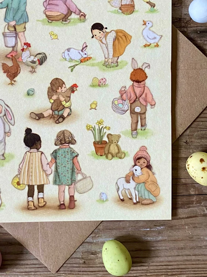 close up of an easter card featuring little children enjoying easter