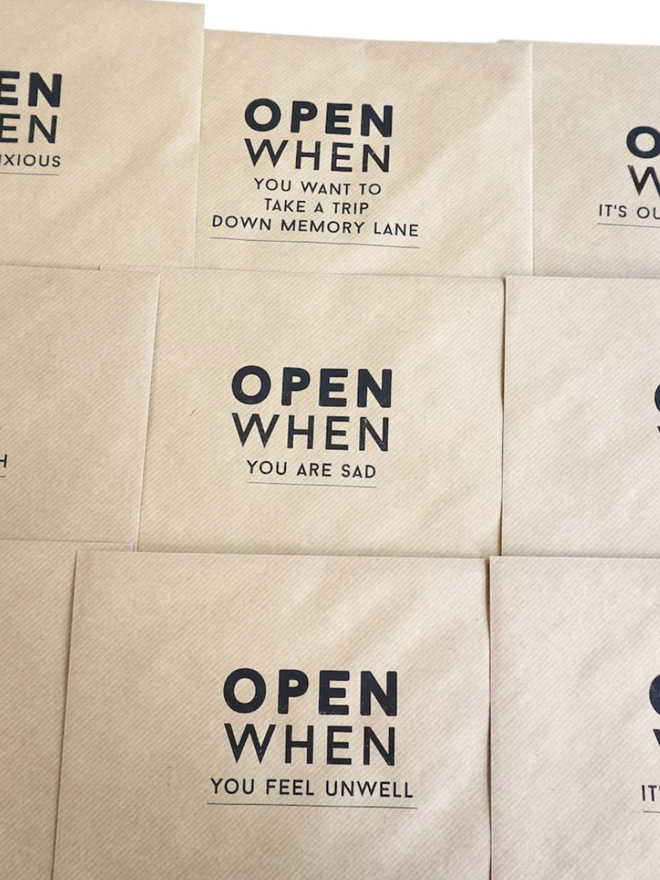 Open When… Long Distance Gift. A selection of envelopes showing possible choices.