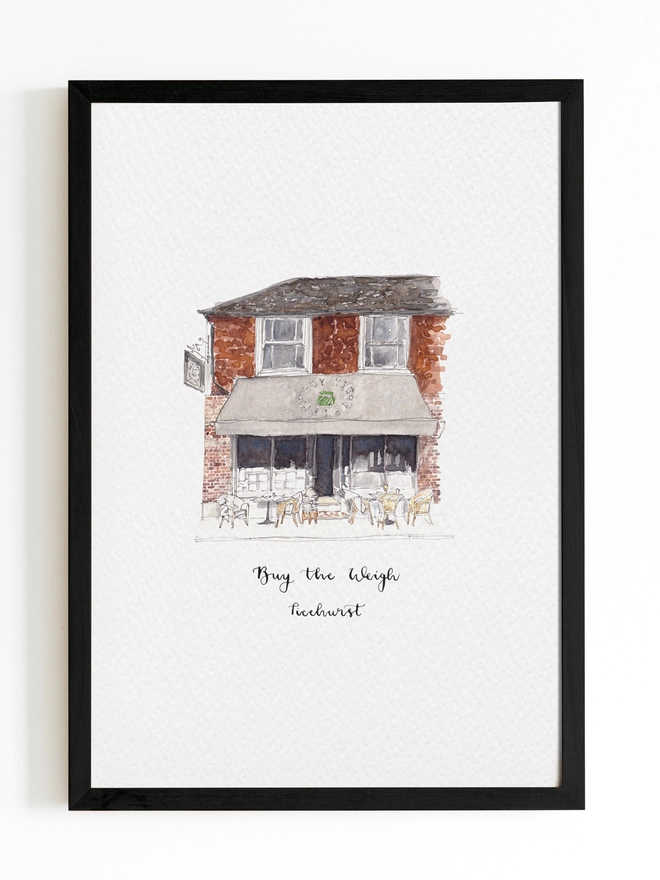 Watercolour painting of Buy the Weigh, zero wase shop in Ticehurst, a beautiful brick building with a teracotta tile on the first floor, white sash windows and a grey awning. The watercolour style is painted with a black pen outline and organic loose style with small details.  The print is on white background with black frame around.
