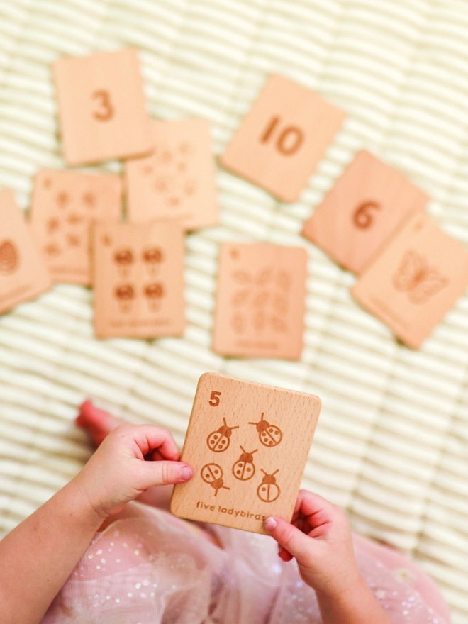 Wooden Number Flashcards with Five Ladybirds