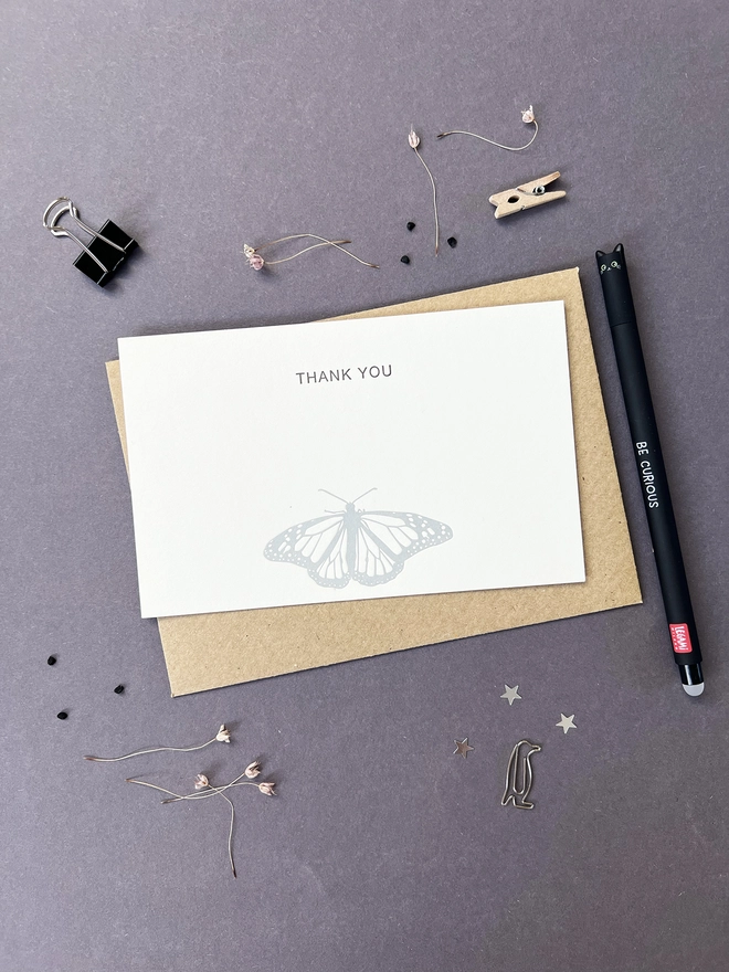 thank you flat letterpress correspondence card printed with a silver butterfly