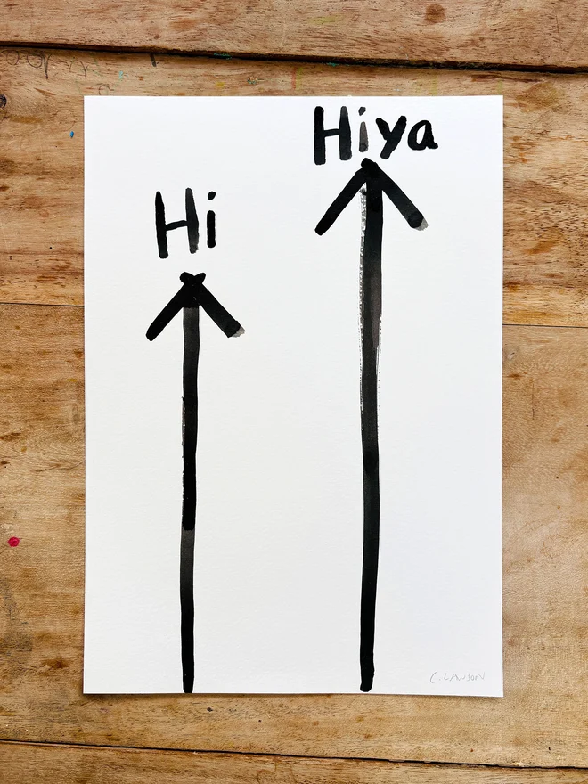 'Hi, Hiya' wordplay artwork in ink