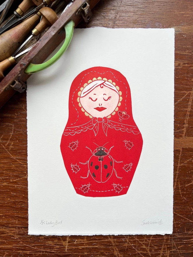 lady bird matryoshka doll linocut