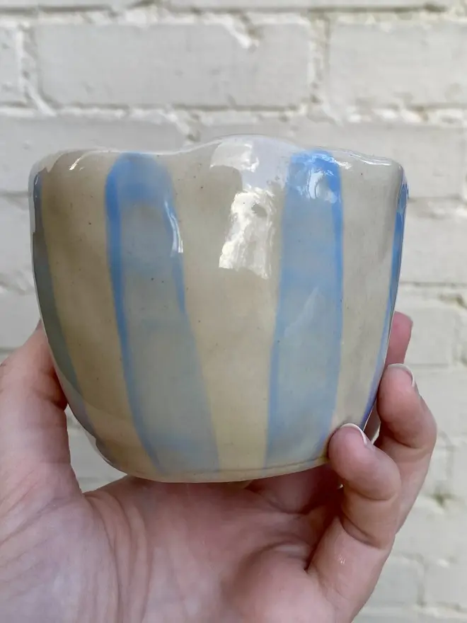 blue white stripe handmade ceramic smiley face pot