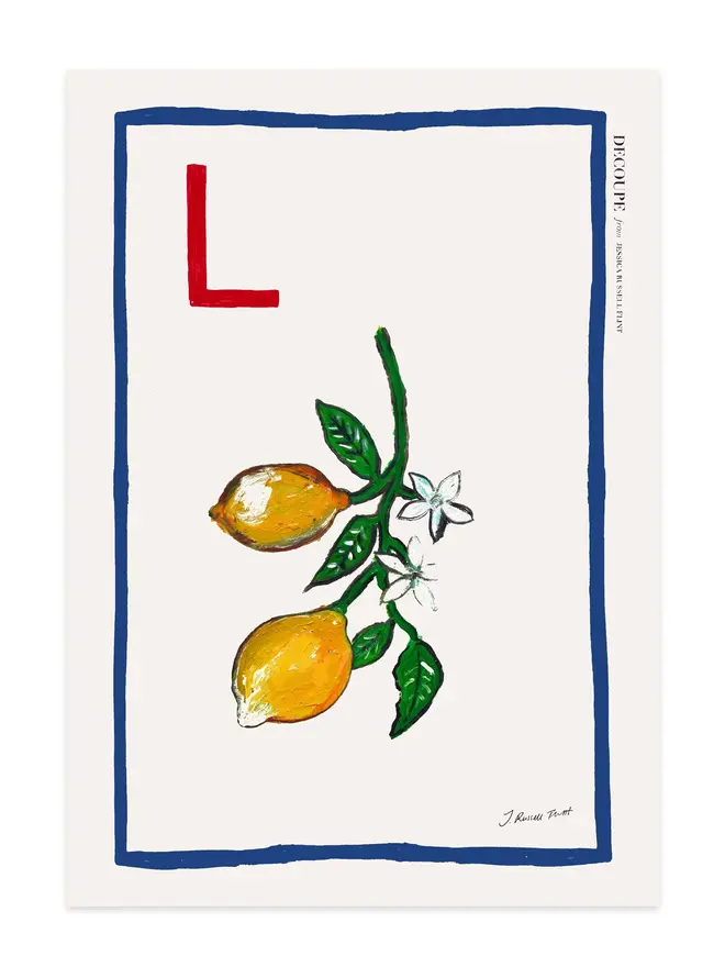 signed a-z alphabet prints. lemon print with the letter 'l' in the corner.