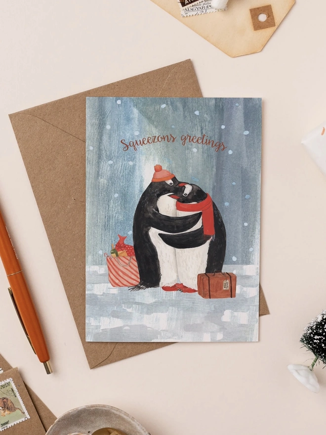 penguin hug christmas card