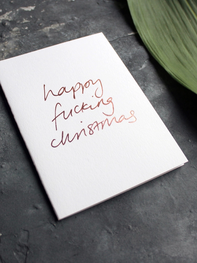 happy christmas white card metallic script