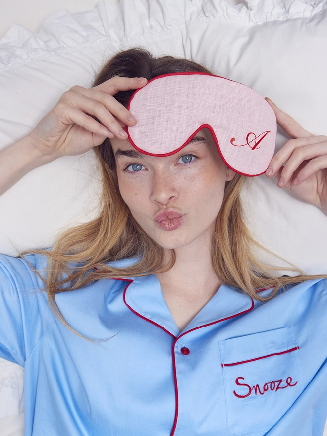 CATHERINE COLEBROOK PINK LINEN CALLIGRAPHY EYE MASK