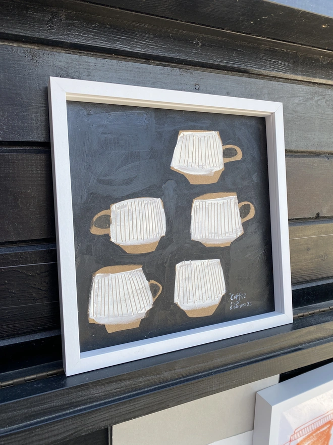 Painting of coffee cups, naive art, scandi art, monochrome folk art by Samantha Barnes