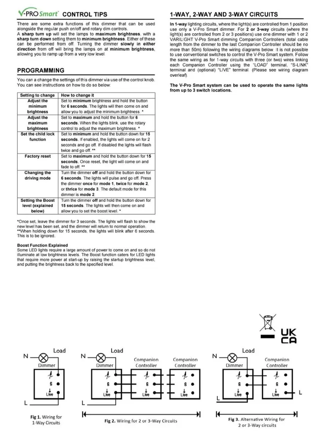 Light switch fitting instructions leaflet for Varilight v-pro smart dimmer switch JQM101W 