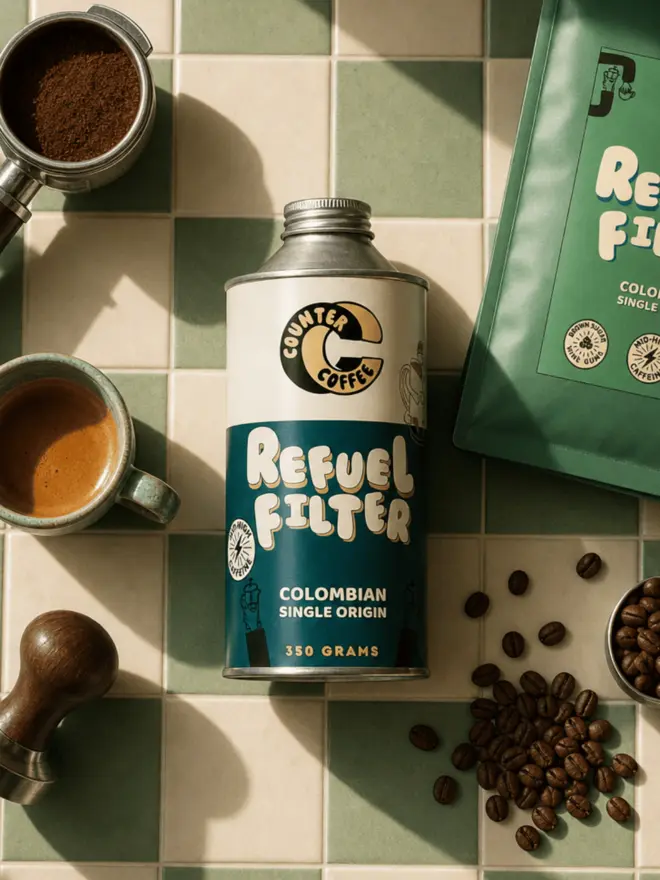Refuel Filter. A tin of coffee beans from Counter Coffee.