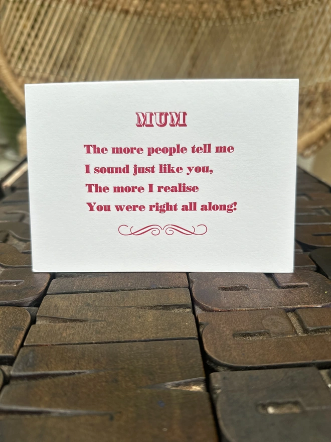 mothers day card standing on wooden type