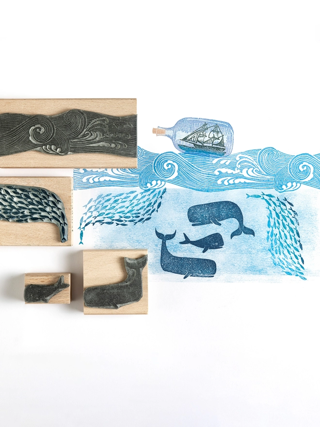 whale rubber stamps sea stamps and ship in a bottle stamps