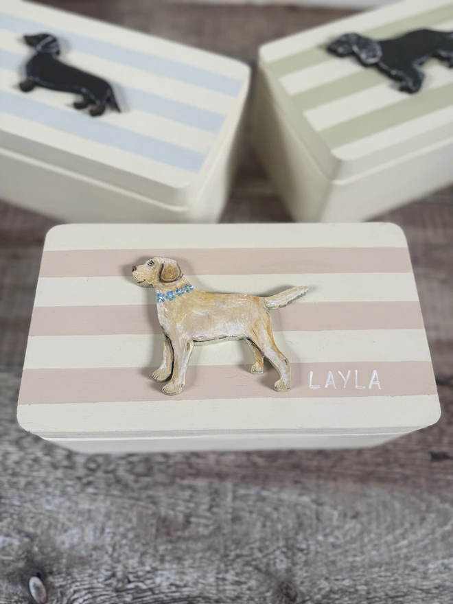 Pink and White Striped dog keepsake Box with a hand-painted pale yellow labrador with a blue and yellow forget me not flower collar