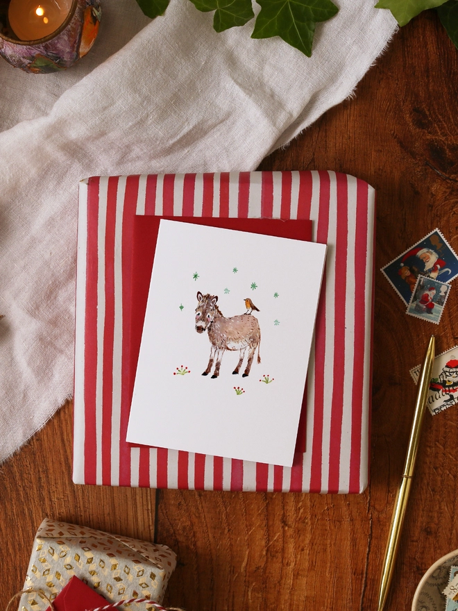 Donkey and Robin Mini Christmas Card
