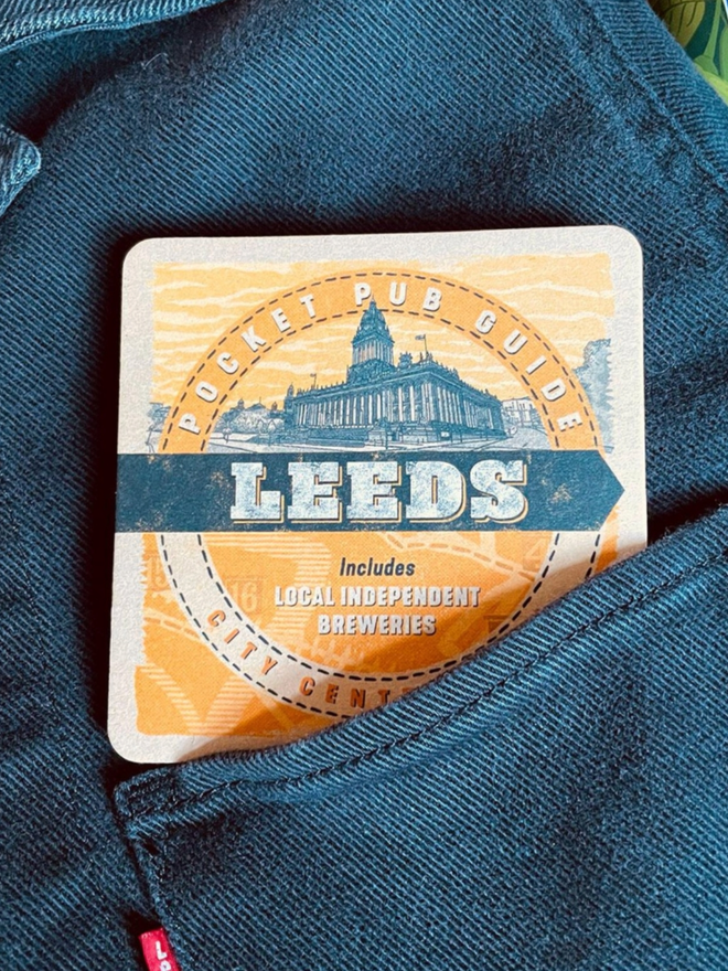Leeds Pocket Pub Guide. A folded up pub guide inside a pocket. It roughly resembles a beer mat
